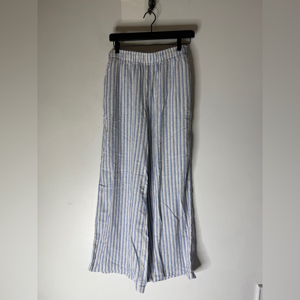 American Eagle Blue White Stripe‎ Wide Leg Linen Blend Pull On Pants Small